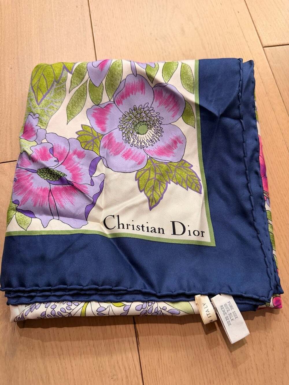 Christian Dior Vintage Floral Silk Square Scarf Navy Blue Border